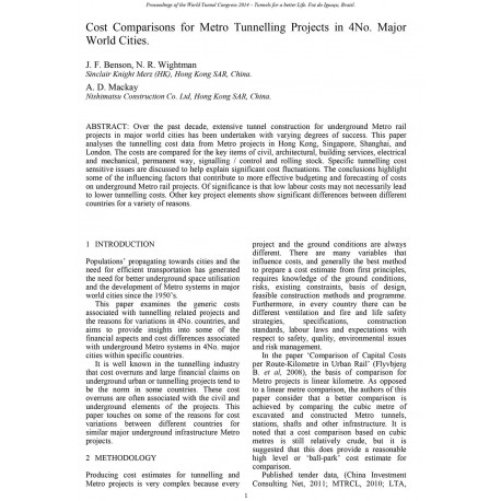 Cost Comparisons for Metro Tunnelling Projects in 4No. Major World Cities