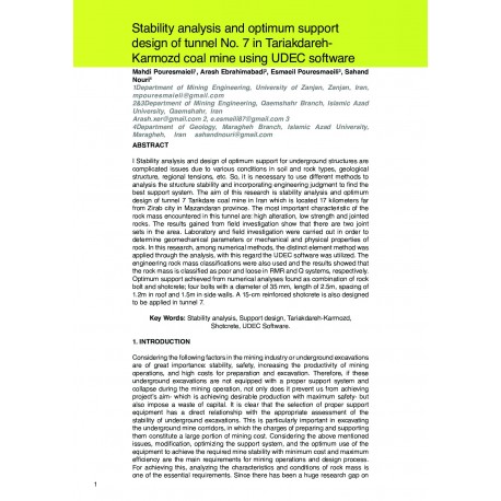 Stability analysis and optimum support design of tunnel No. 7 in Tariakdareh Karmozd coal mine using UDEC software