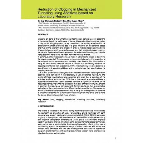 Reduction of Clogging in Mechanized Tunneling using Additives based on Laboratory Research