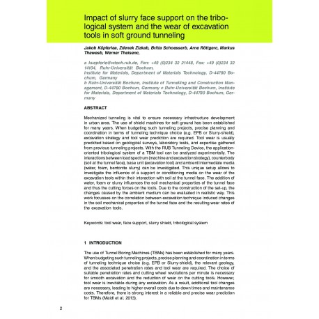 Impact of slurry face support on the tribo logical system and the wear of excavation tools in soft ground tunneling