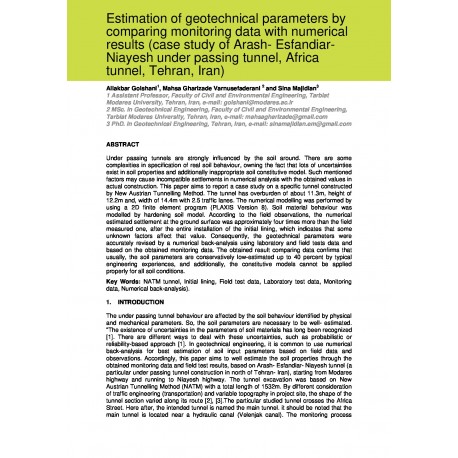 Estimation of geotechnical parameters by comparing monitoring data with numerical results (case study of Arash- Esfandiar- Niayesh under passing tunnel, Africa tunnel, Tehran, Iran) 