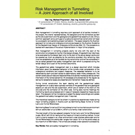 Risk Management in Tunnelling – A Joint Approach of all Involved