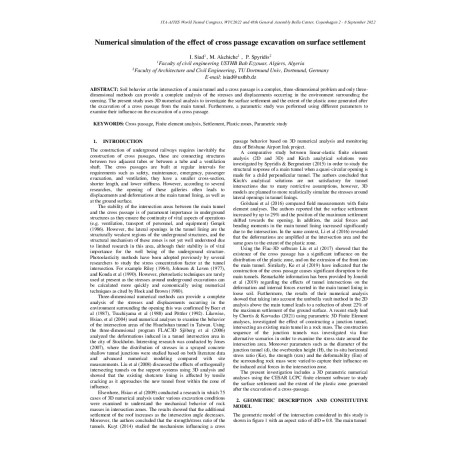 Numerical simulation of the effect of cross passage excavation on surface settlement