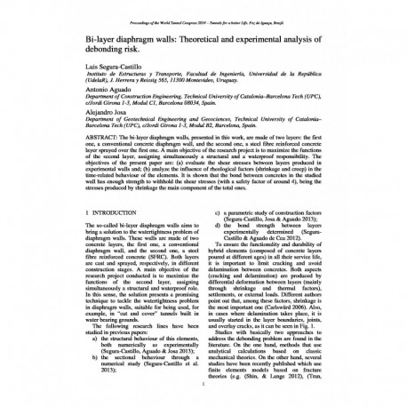 Bi-layer diaphragm walls: theoretical and experimental analysis of debonding risk