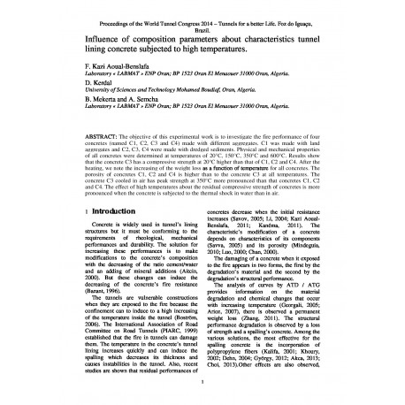 Influence of composition parameters about characteristics tunnellining concrete subjected to high temperatures